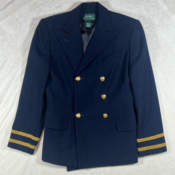 Women’s Ralph Lauren Size 4 USA Dark Blue Ornate Wool Blazer with Gold Buttons - Picture 1 of 11